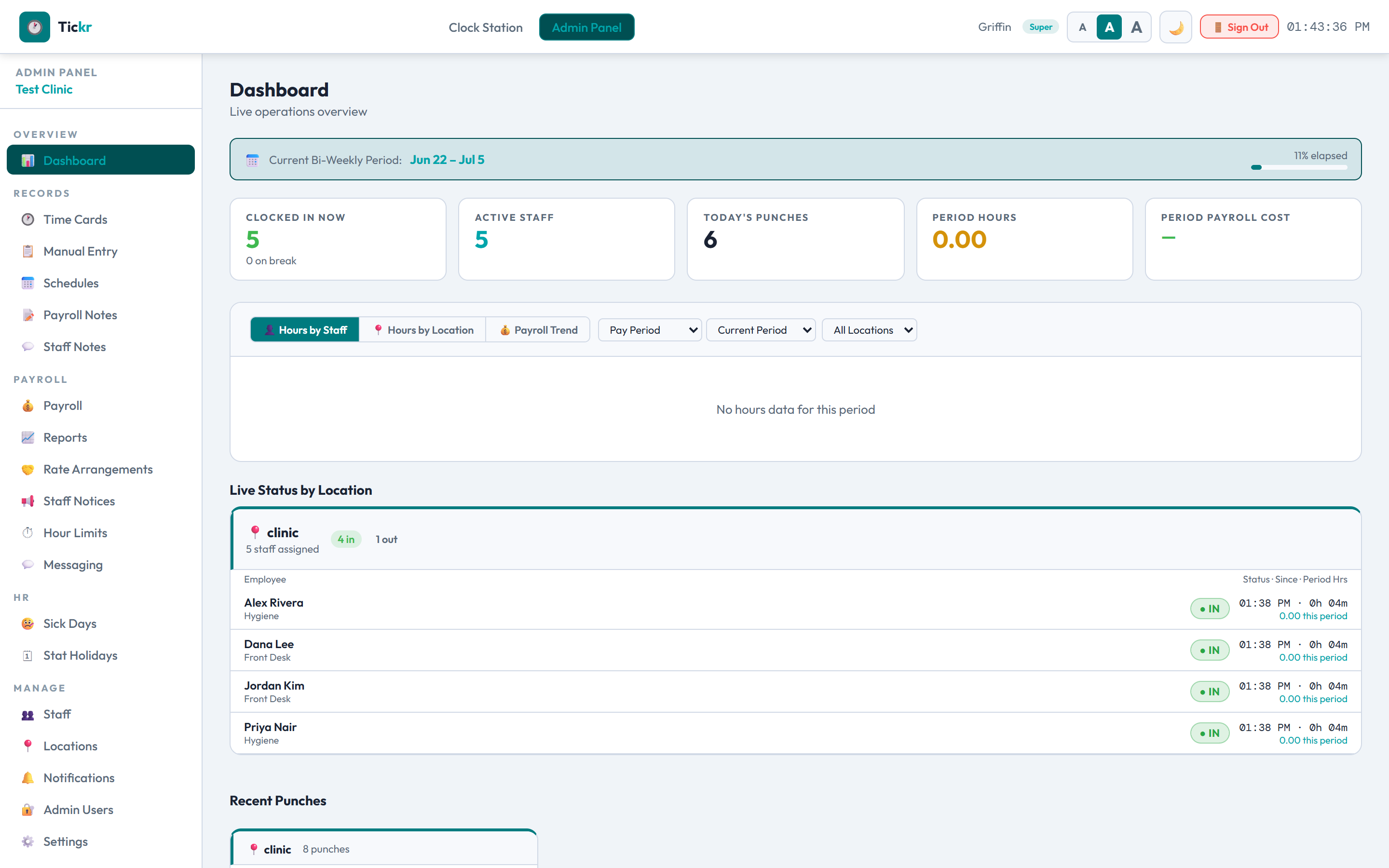 Tickr dashboard — live clock-in status