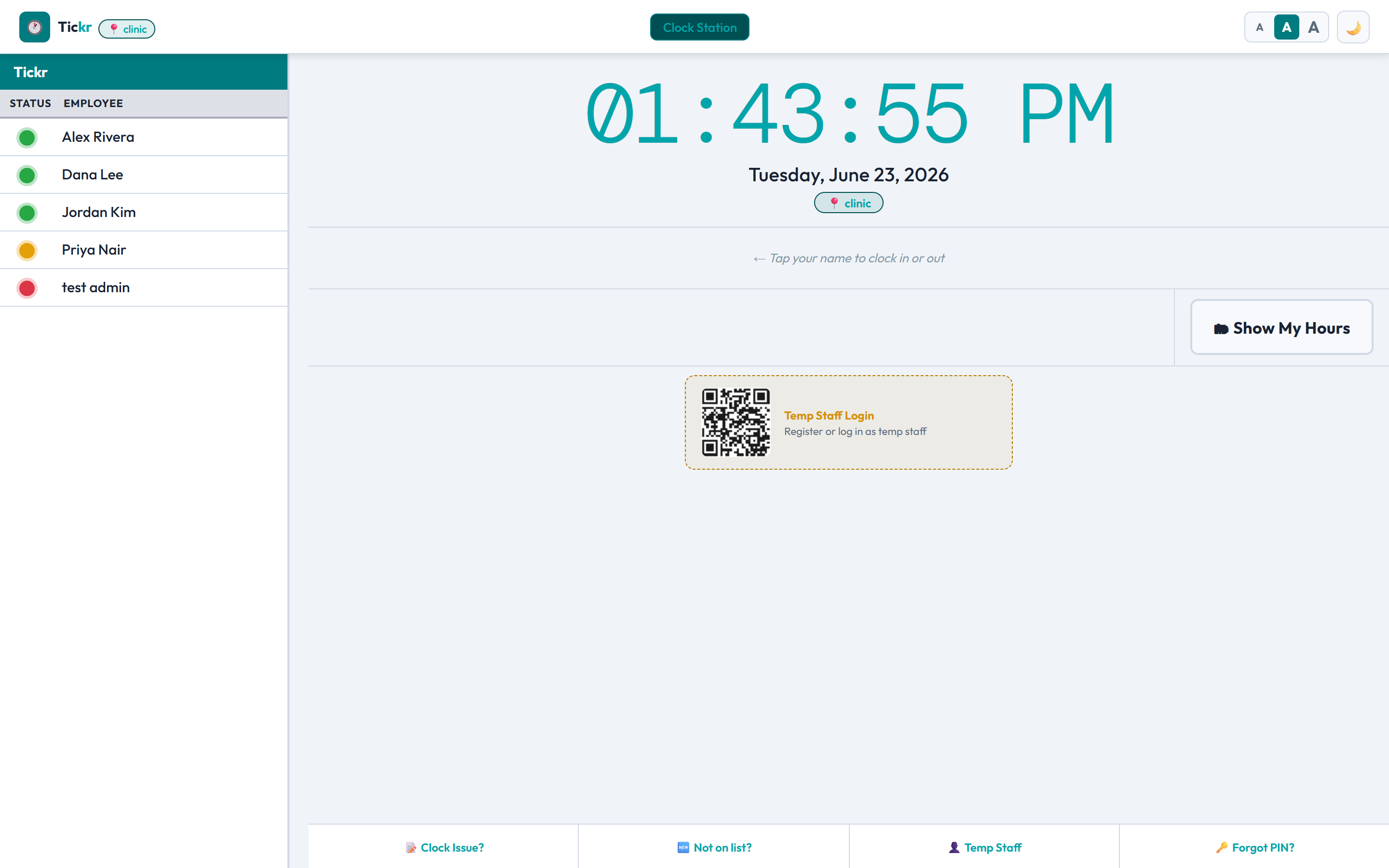 Tickr clock station — staff clock in and out
